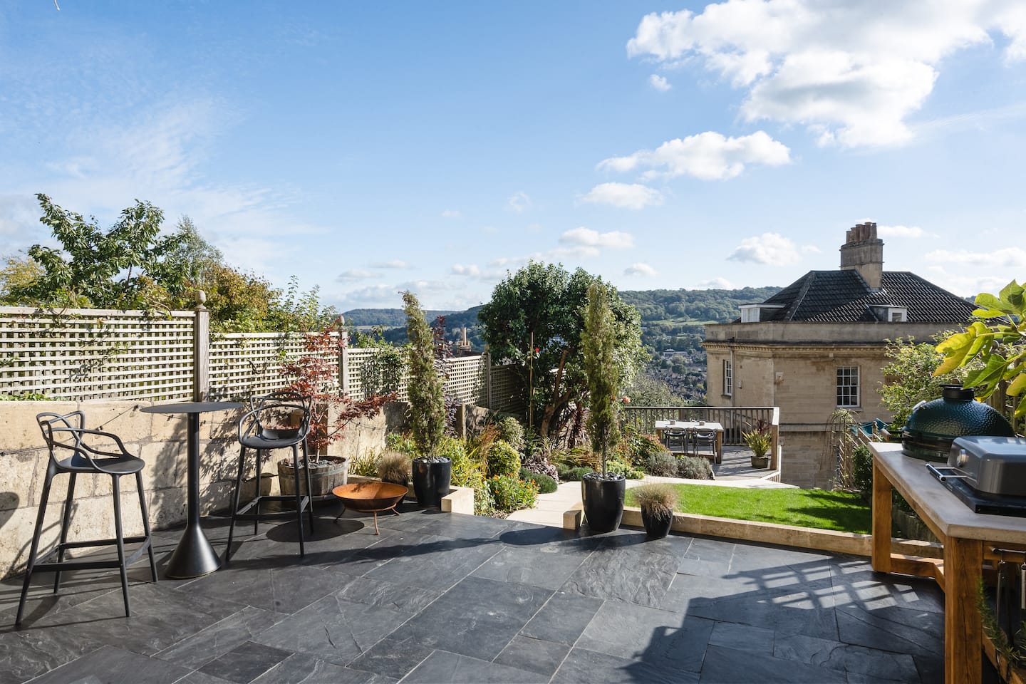 Private garden terrace overlooking Bath's Georgian rooftops and surrounding hills